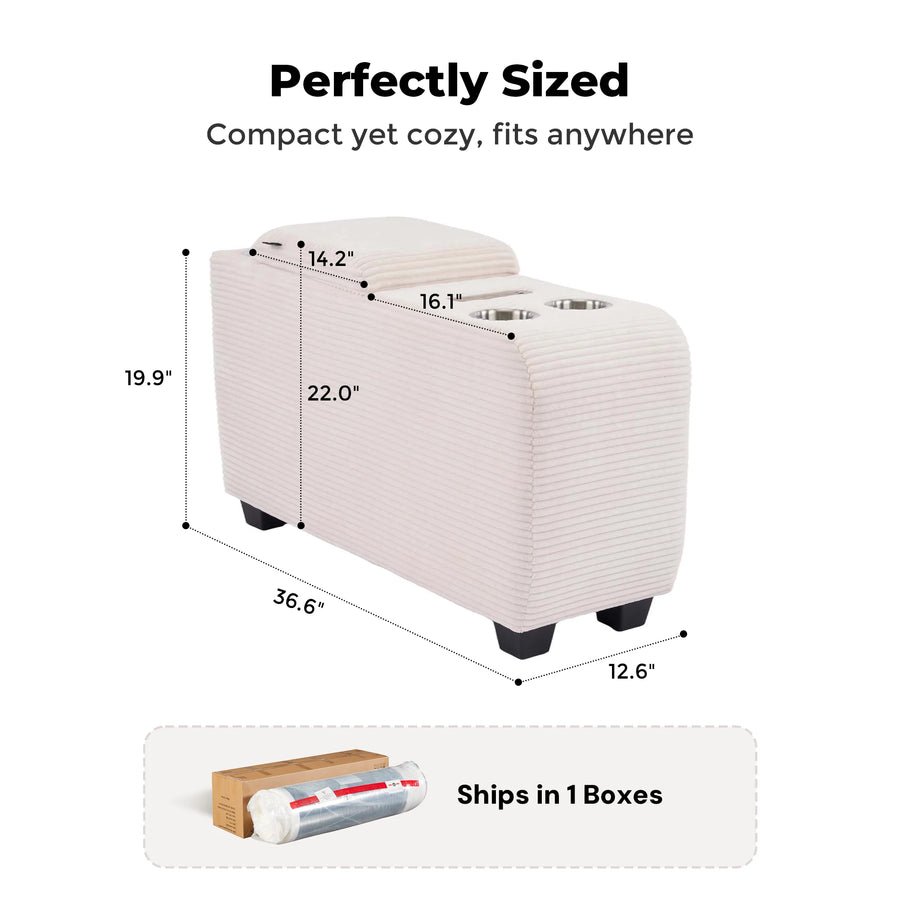 Light beige upholstered ottoman side table with built-in speaker and storage