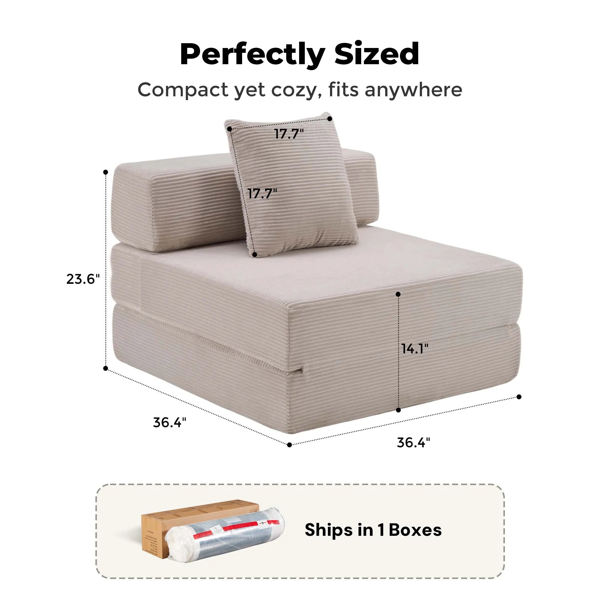 Single-seat sofa bed with two striped cushions, compact modular design in light gray