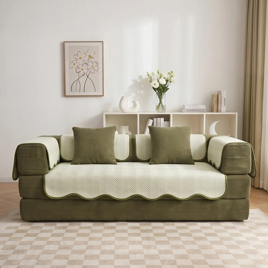Sofa pad set in green and cream, includes seat cover and cushion arm pads