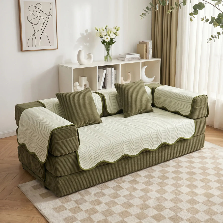 Sofa pad set in cream and green with textured chevron seat and arm pads
