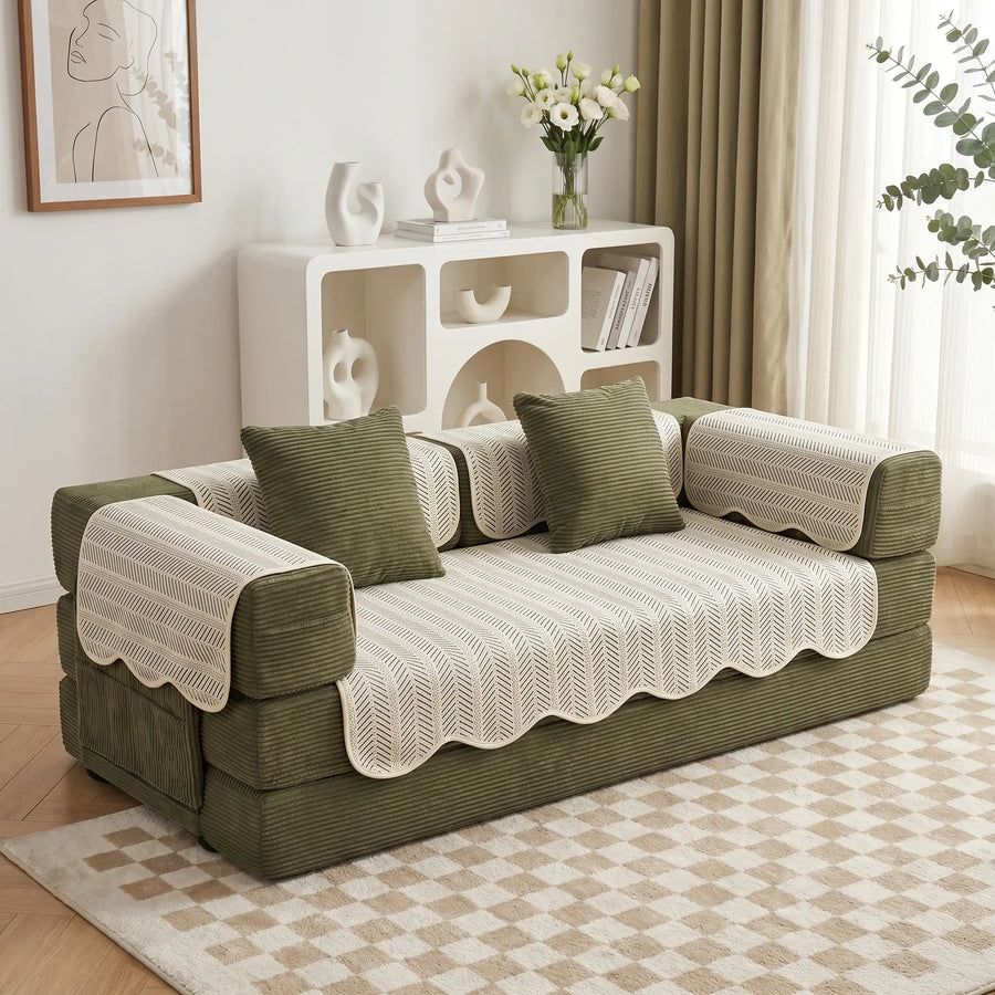 Sofa pad set with white zigzag covers and green upholstered sofa cushions, 5-piece look