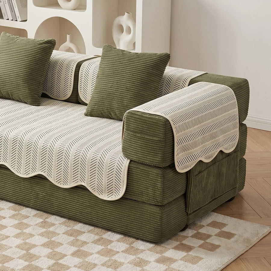 Sofa pad set in cream and green with textured chevron slipcover style pads