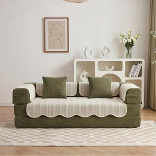 Sofa pad set with white zigzag covers and green cushions, including arm and seat pads