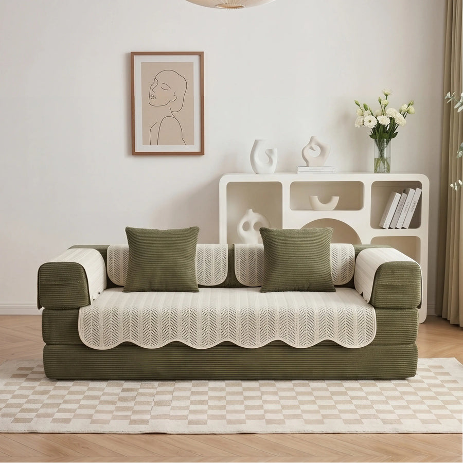 Sofa pad set with white zigzag covers and green cushions, including arm and seat pads