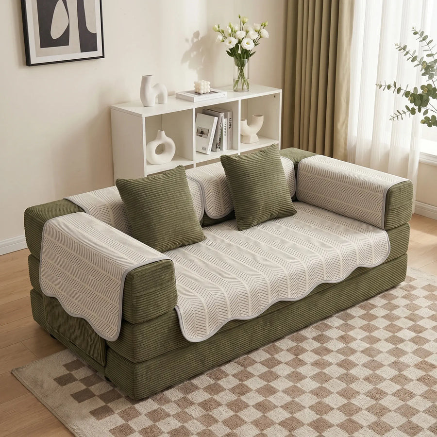 Sofa pad set in cream and green, seat cover with armrest and backrest pads