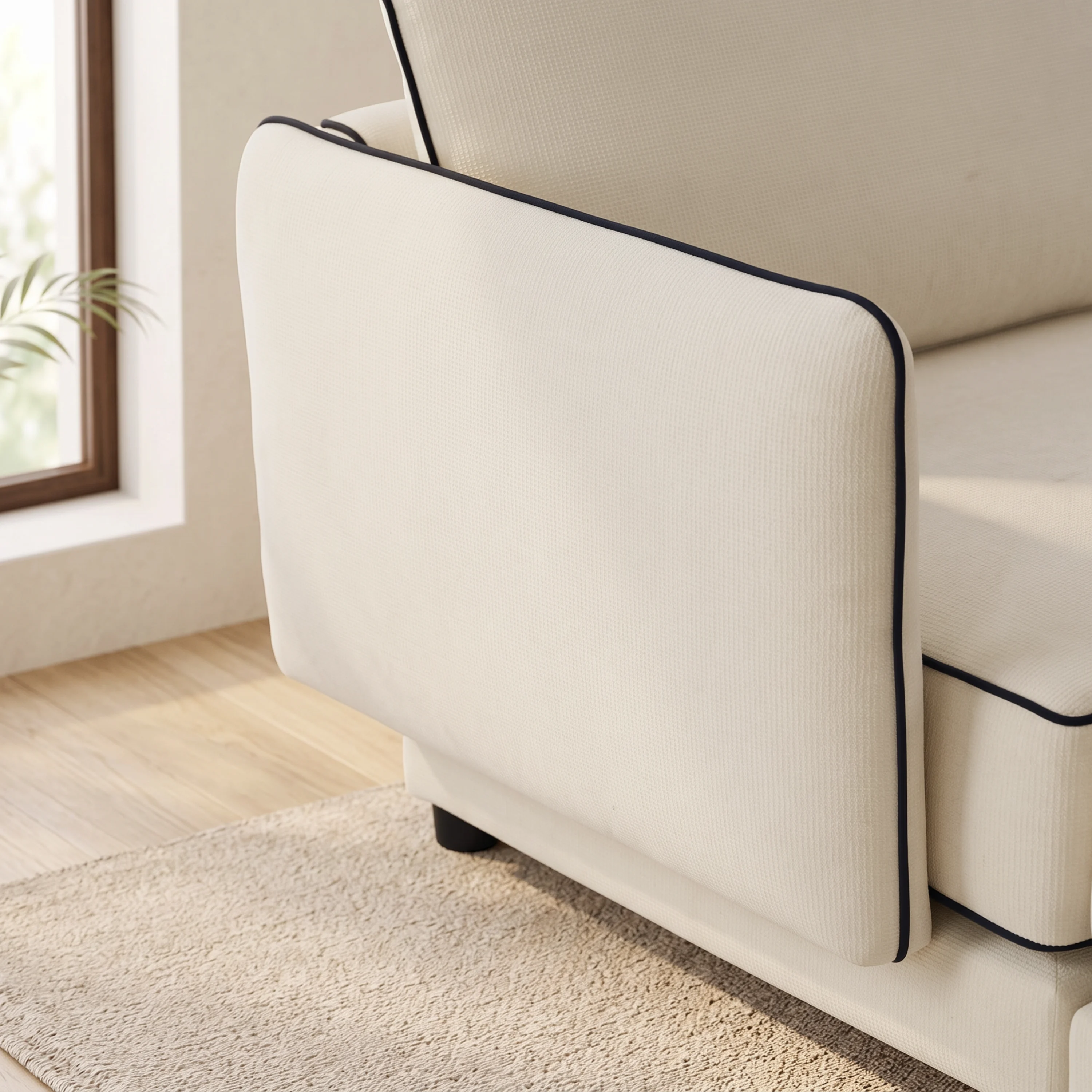 Cream sofa arm and back cushion with dark piping along the edges
