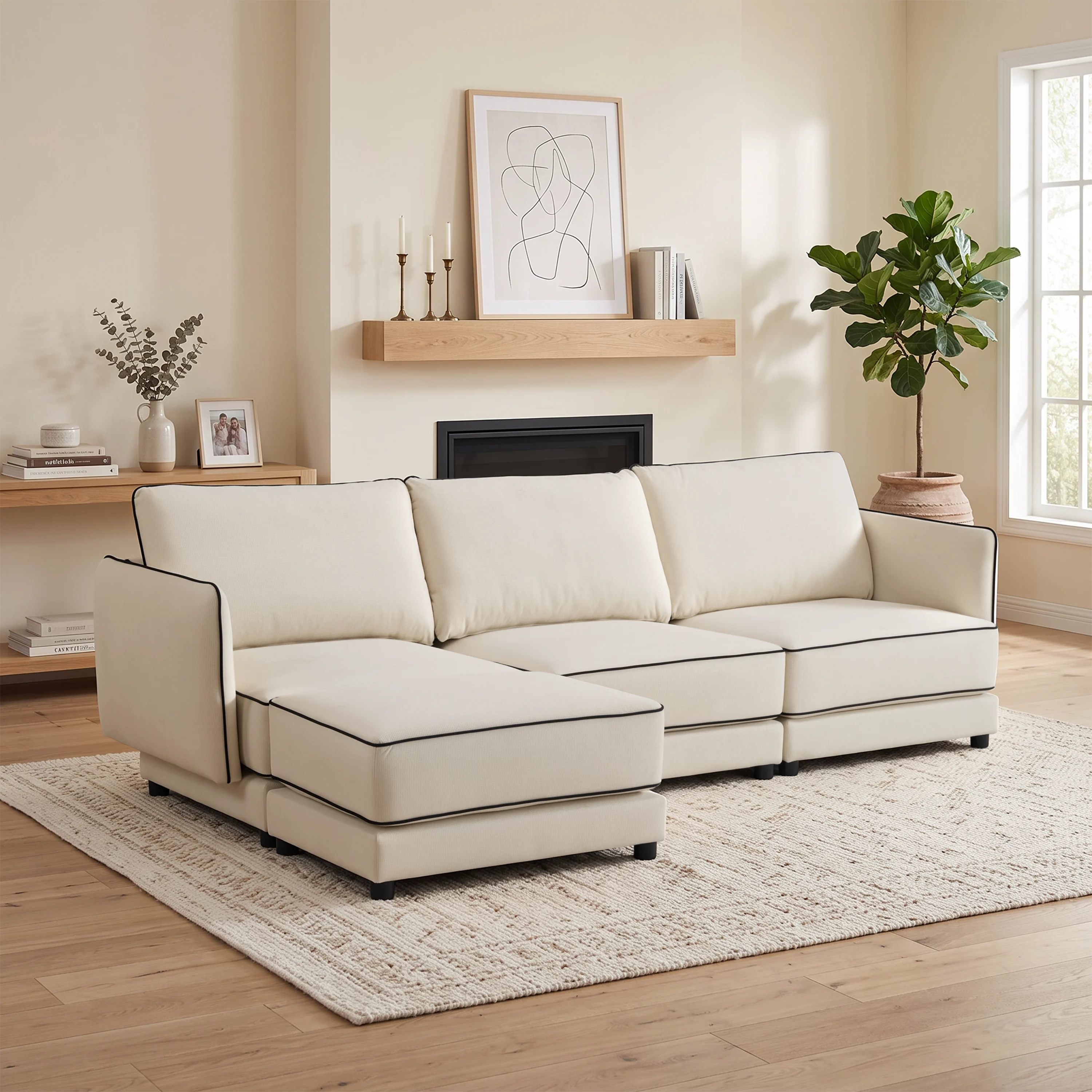 Cream sectional sofa with piped edges and chaise-style ottoman seating