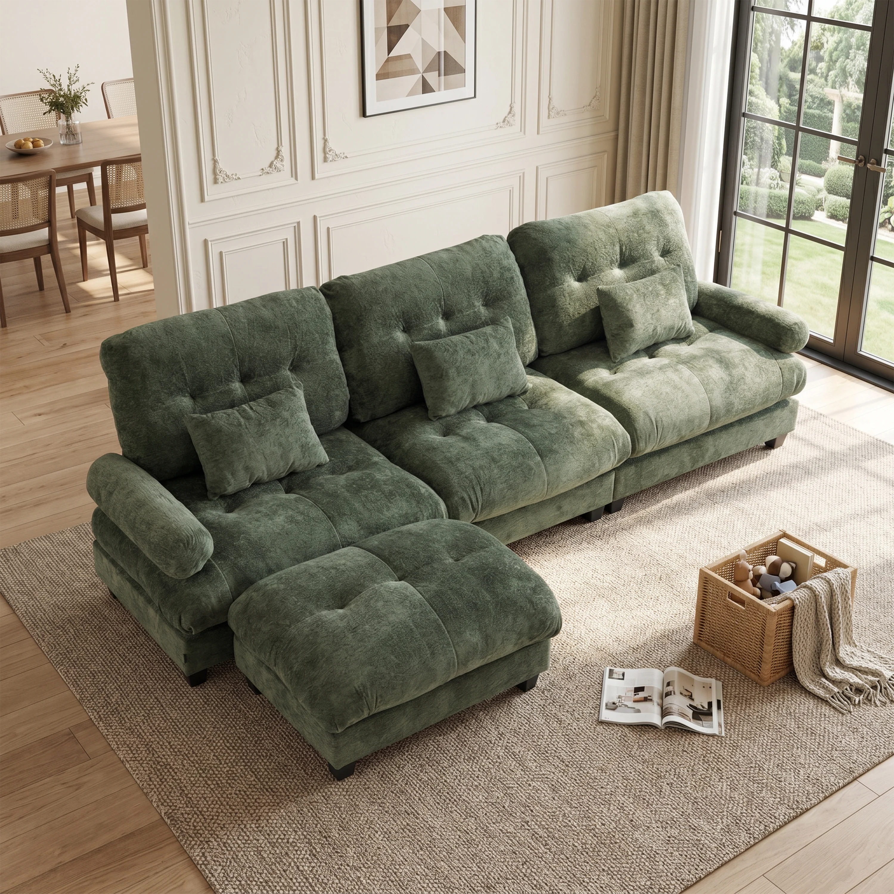 Green plush sofa with chaise extension, tufted cushions, and rounded arms