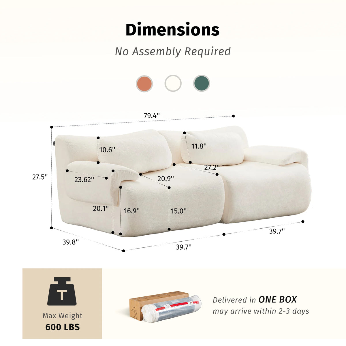 White modular sectional loveseat sofa with padded armrests and back cushions