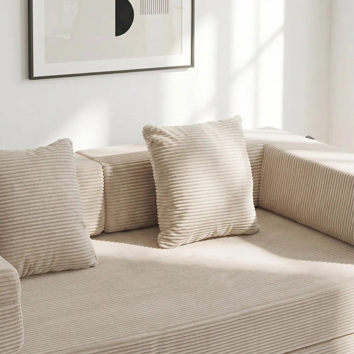 Cream striped plush throw pillow set with square cushions, sofa-style seating