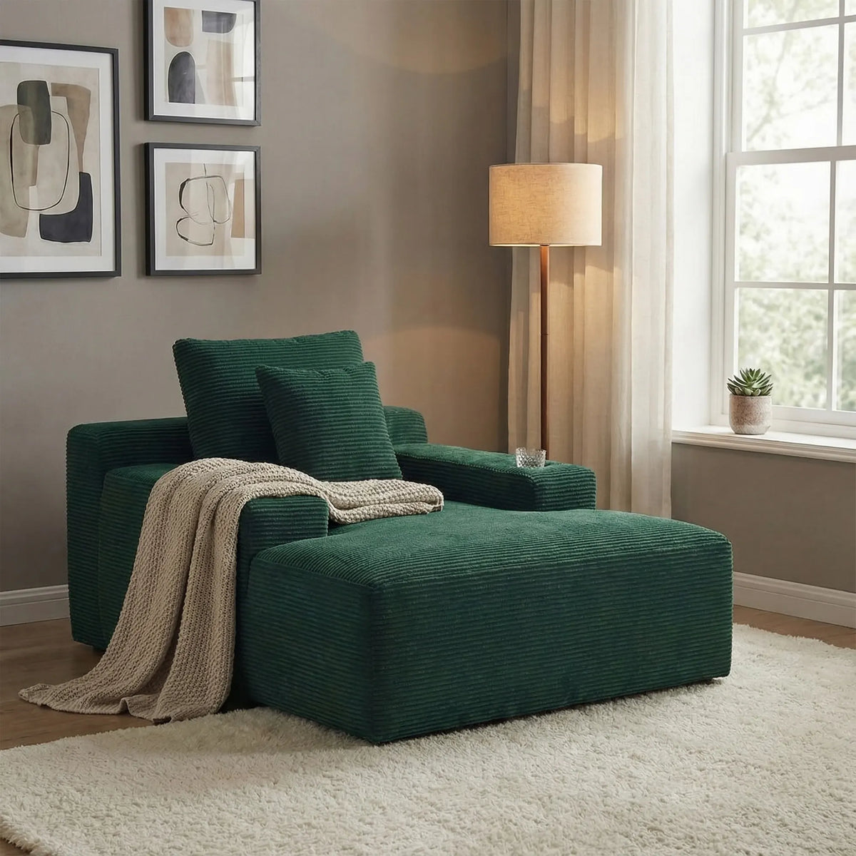 Green oversized single sofa with sloped chaise and draped throw