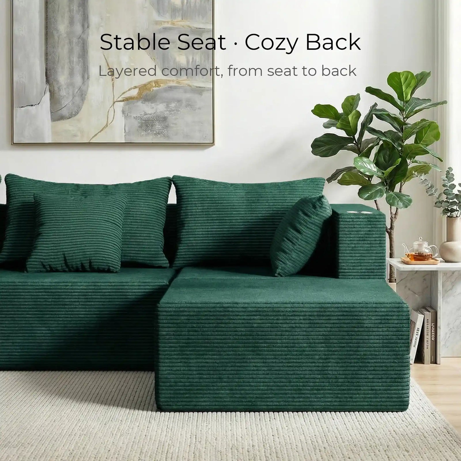 Green sectional sofa chaise with thick cushions and three square back pillows