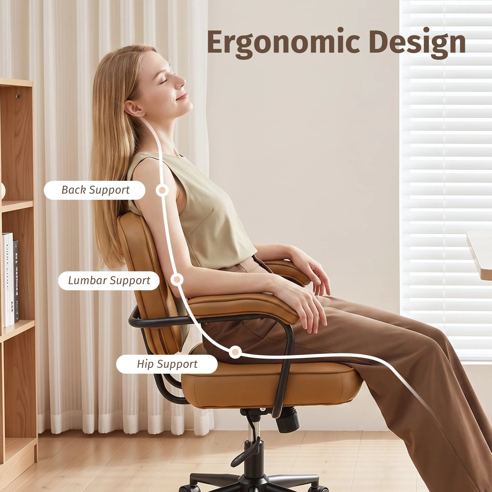 Burnt orange ergonomic office chair with padded back supports and adjustable seat height
