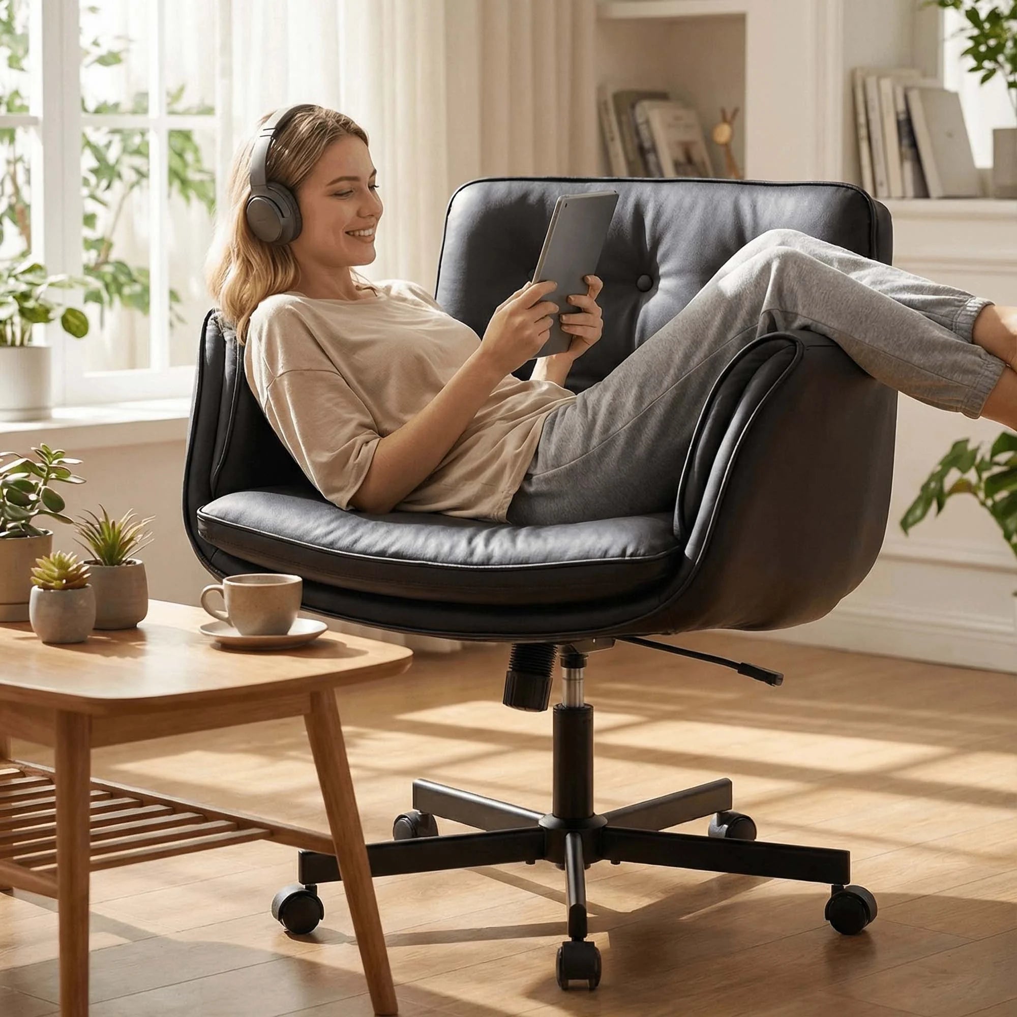 Dark upholstered office chair with a person relaxing reclined in the seat