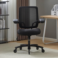 Office chair front view with mesh back and padded seat, flip armrests, rolling casters; black