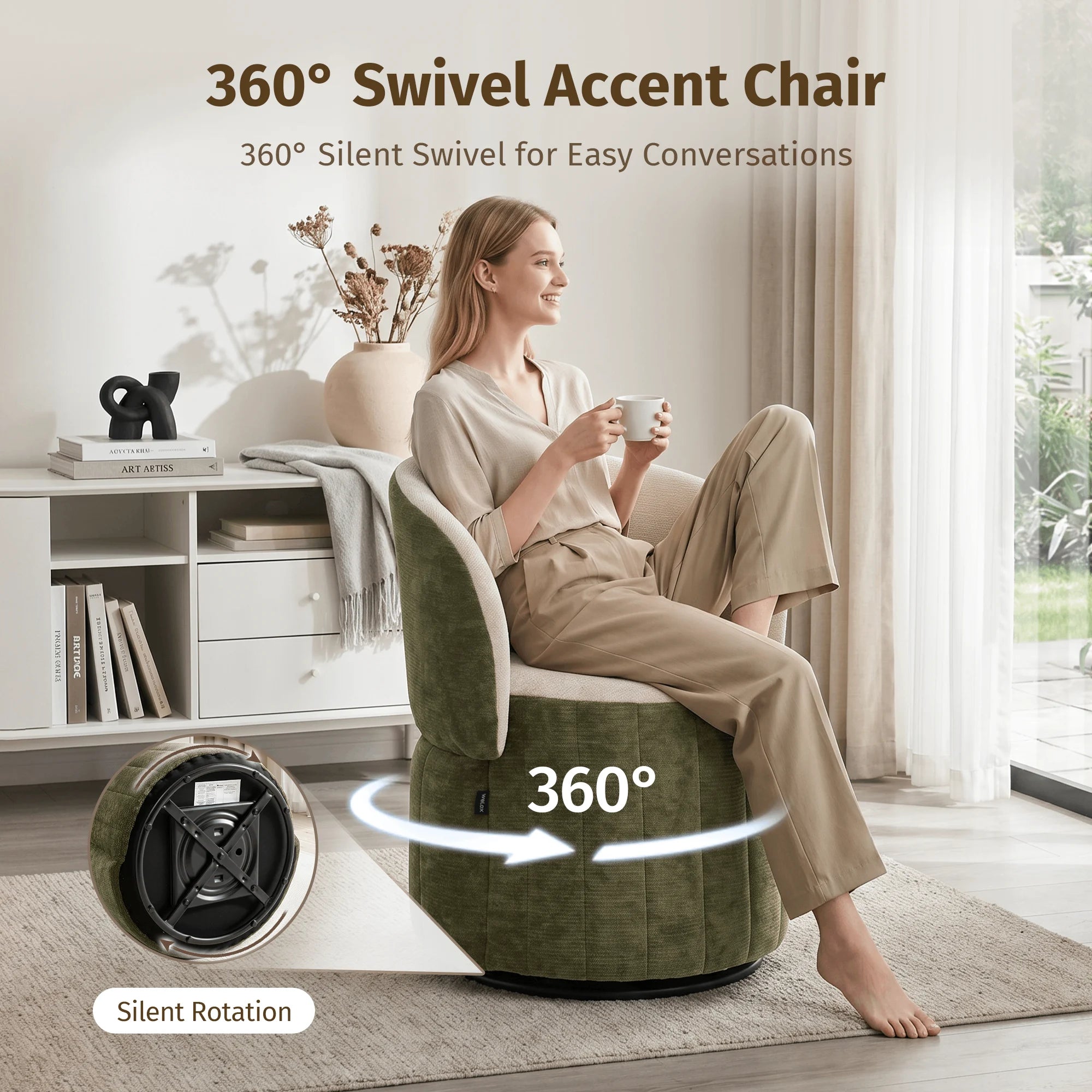 Green swivel accent chair with foldable backrest and cushioned seat, 360° rotating base