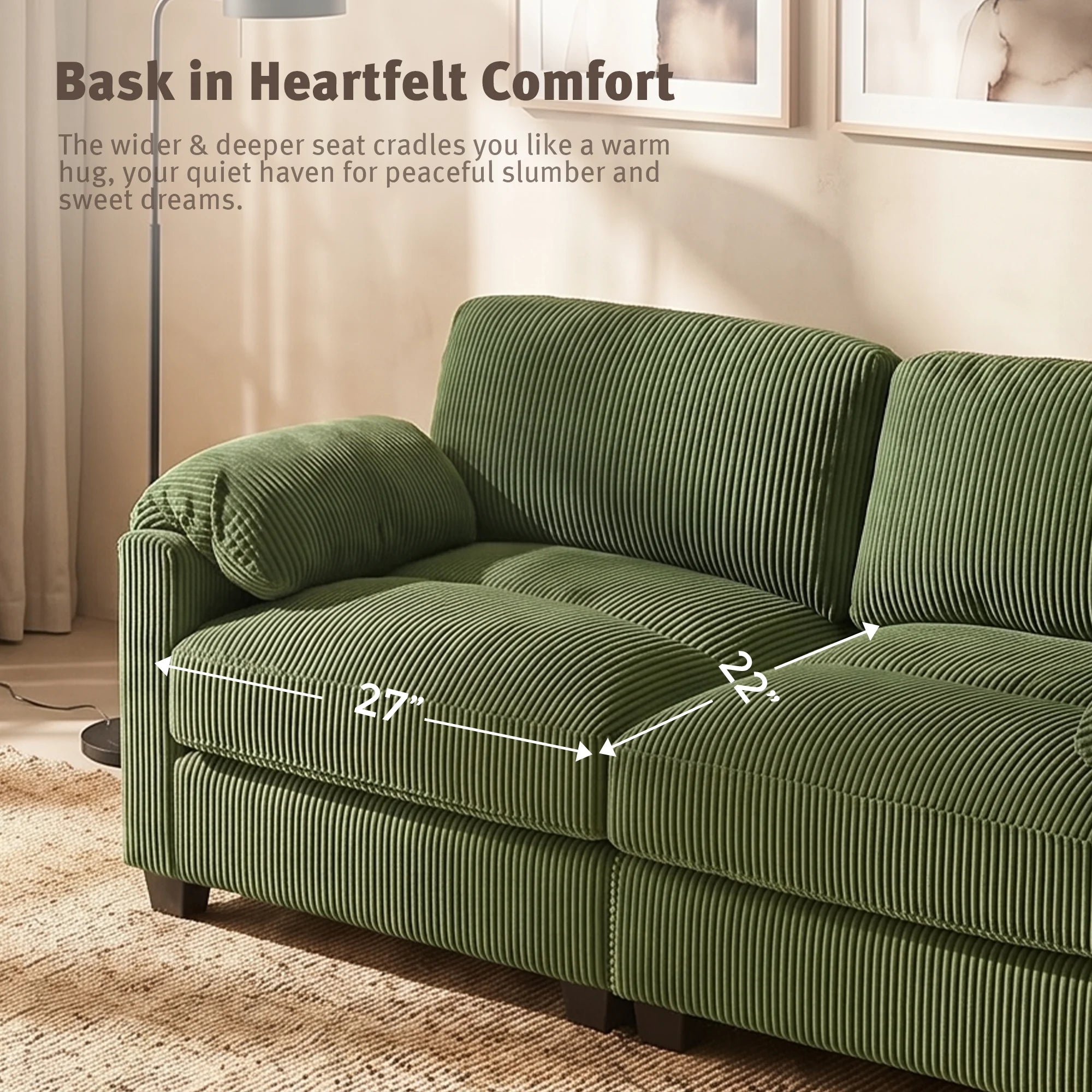 Green sectional lounge sofa with curved armrests and matching ottoman pieces