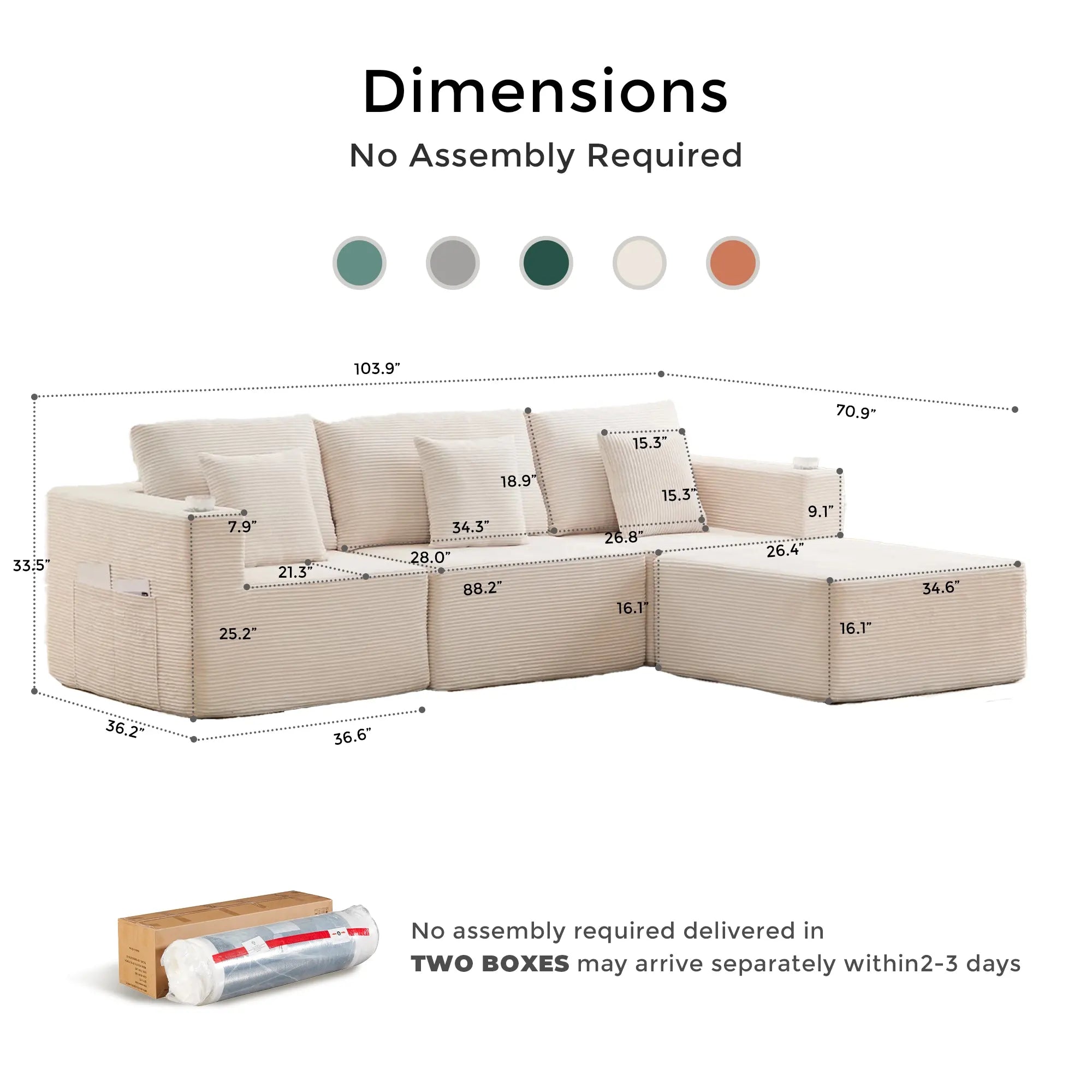 Cream modular sectional sofa layout diagram with size measurements