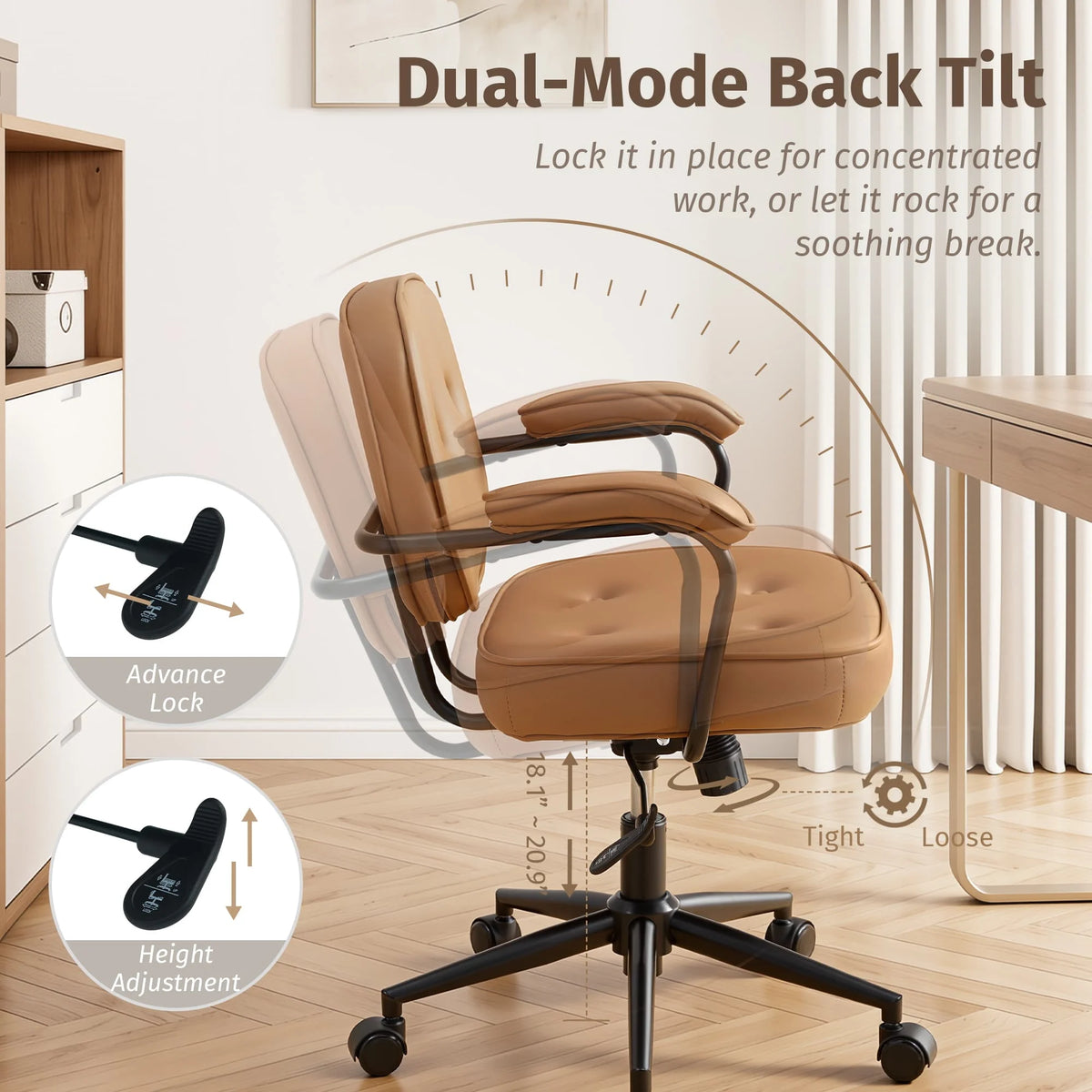 Burnt orange office chair with dual-mode back tilt and adjustable height swivel base