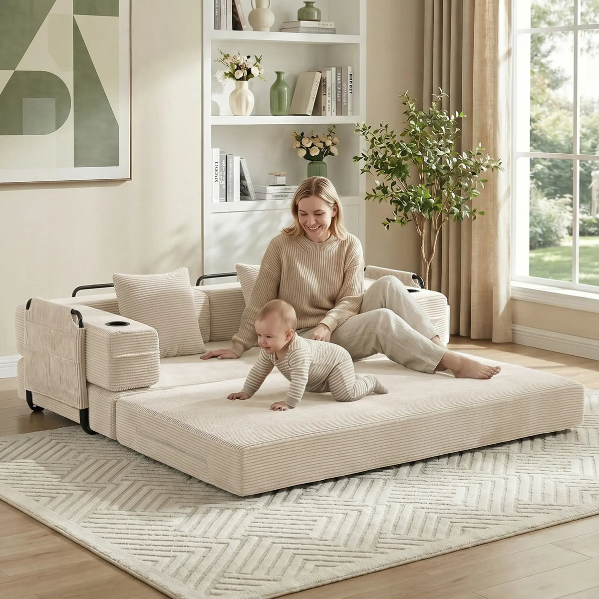 Cream modular sofa with arm supports, two side storage compartments, and black handles