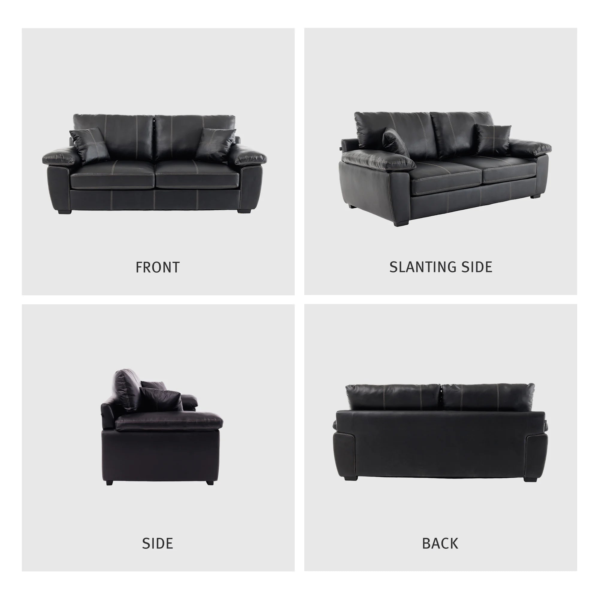 Black leather-look loveseat views: front, slanting side, side, and back
