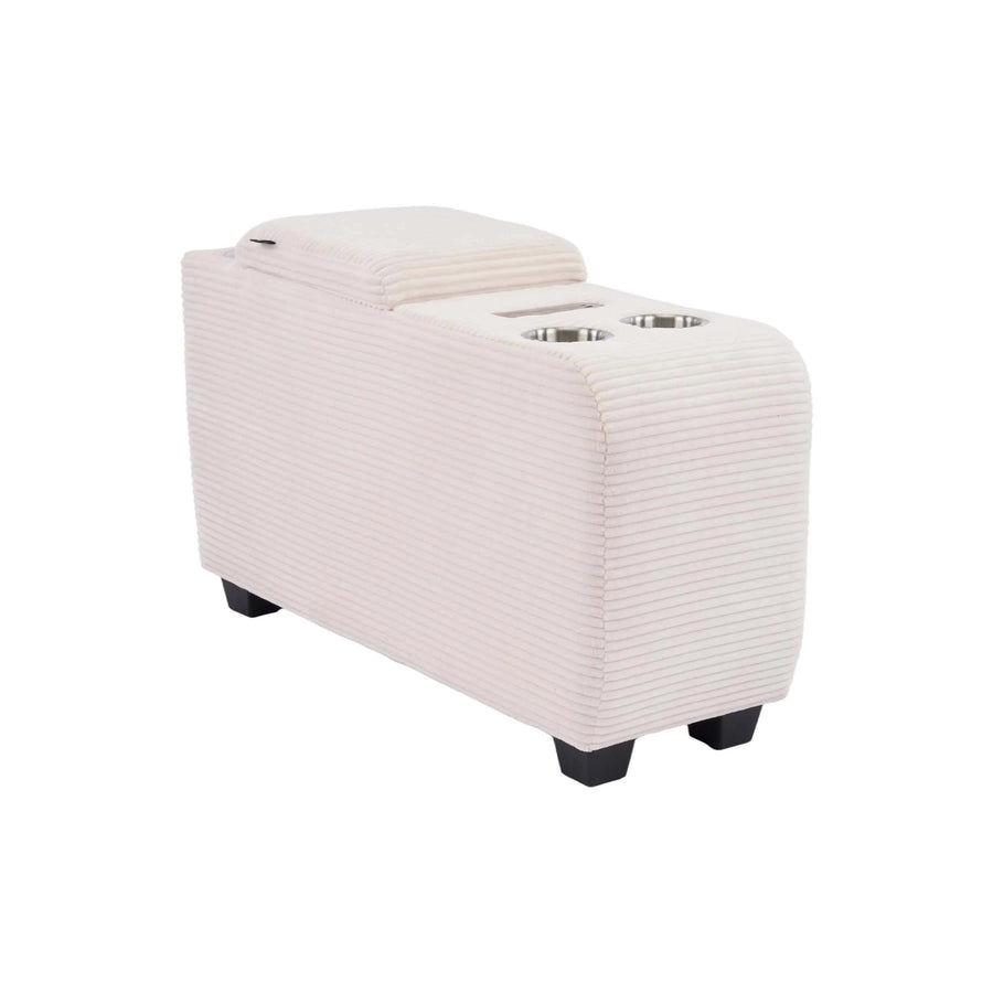 Light beige upholstered ottoman side table with built-in speaker and storage lid