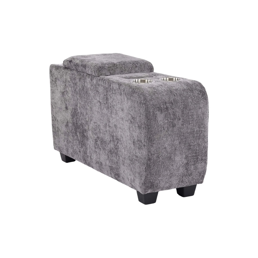 Grey upholstered ottoman side table with built-in speaker and storage