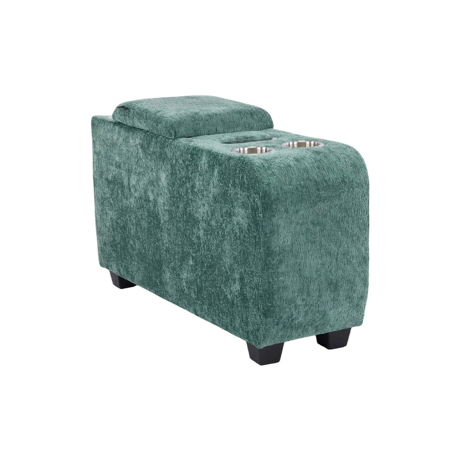 Green upholstered ottoman side table with built-in speaker and storage lid