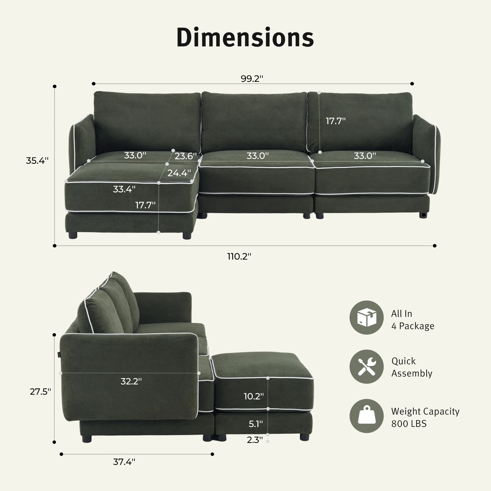 Green sectional sofa with chaise, piped edges, three-seat back and corner arms