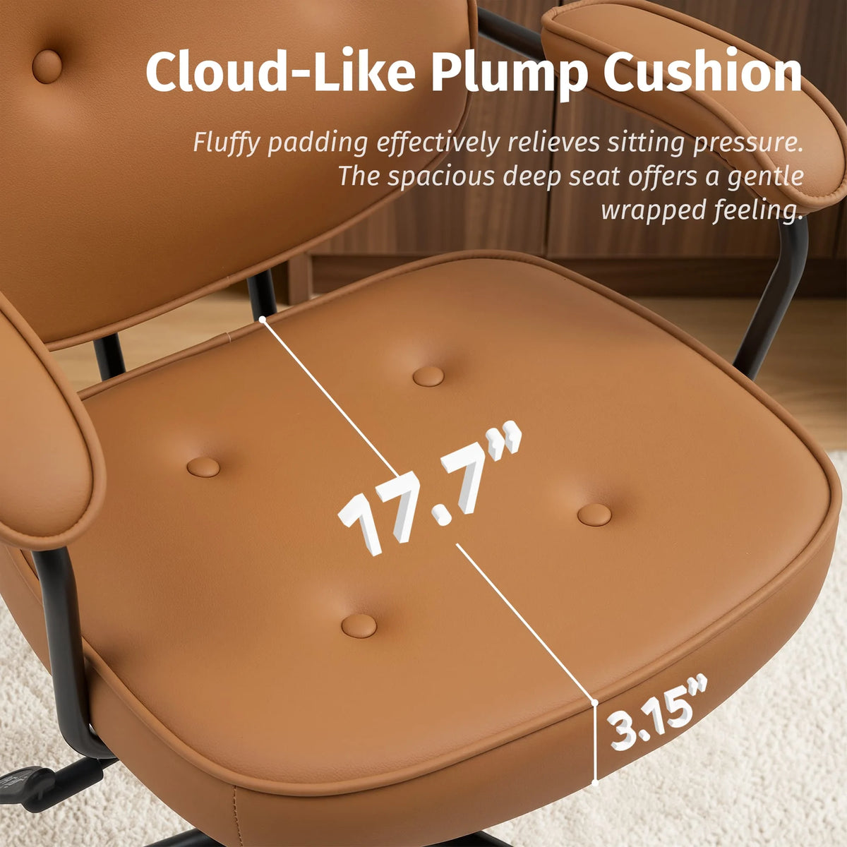 Burnt orange padded seat cushion with tufted buttons on an office chair