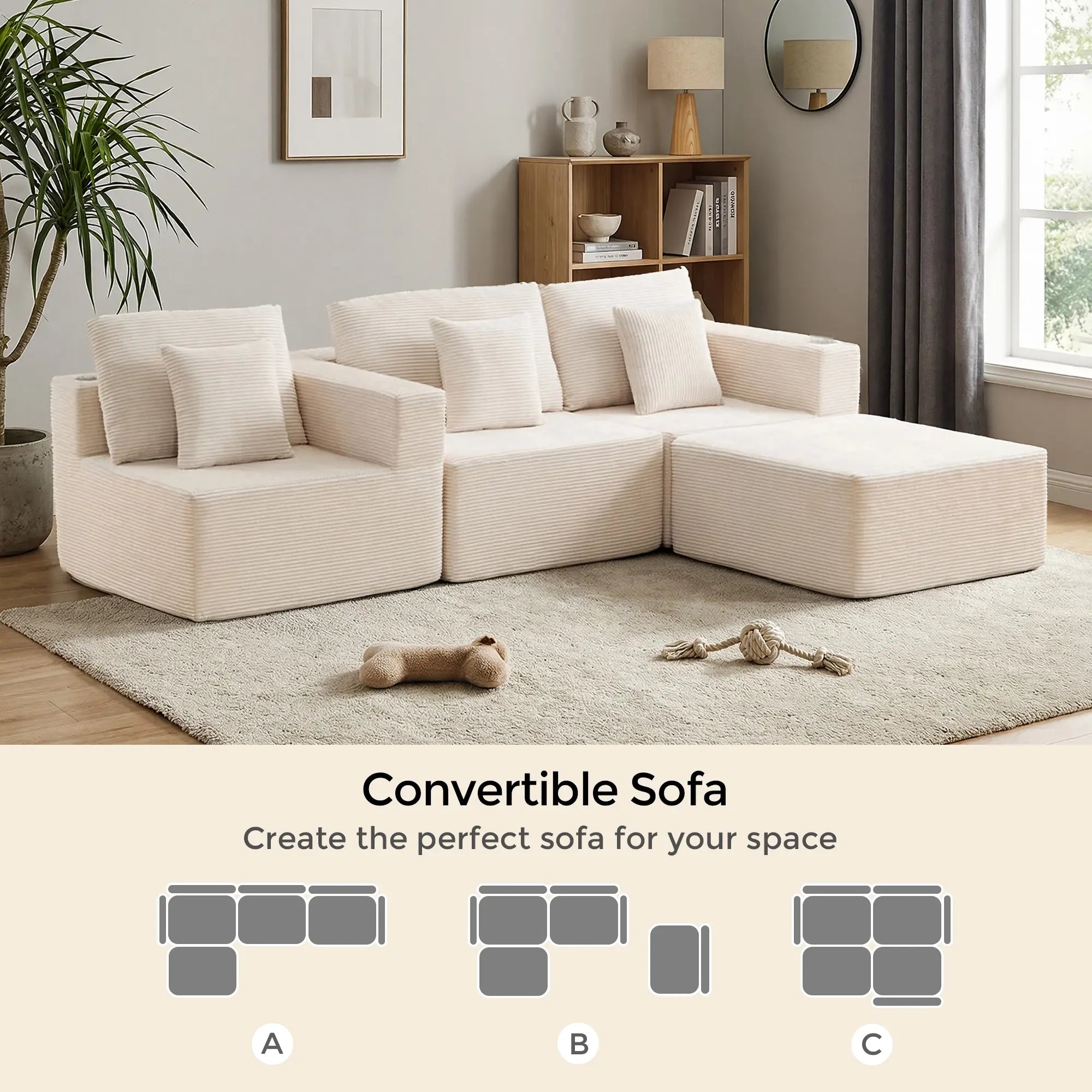 Cream modular sectional sofa with chaise, deep seat cushions, and back pillows