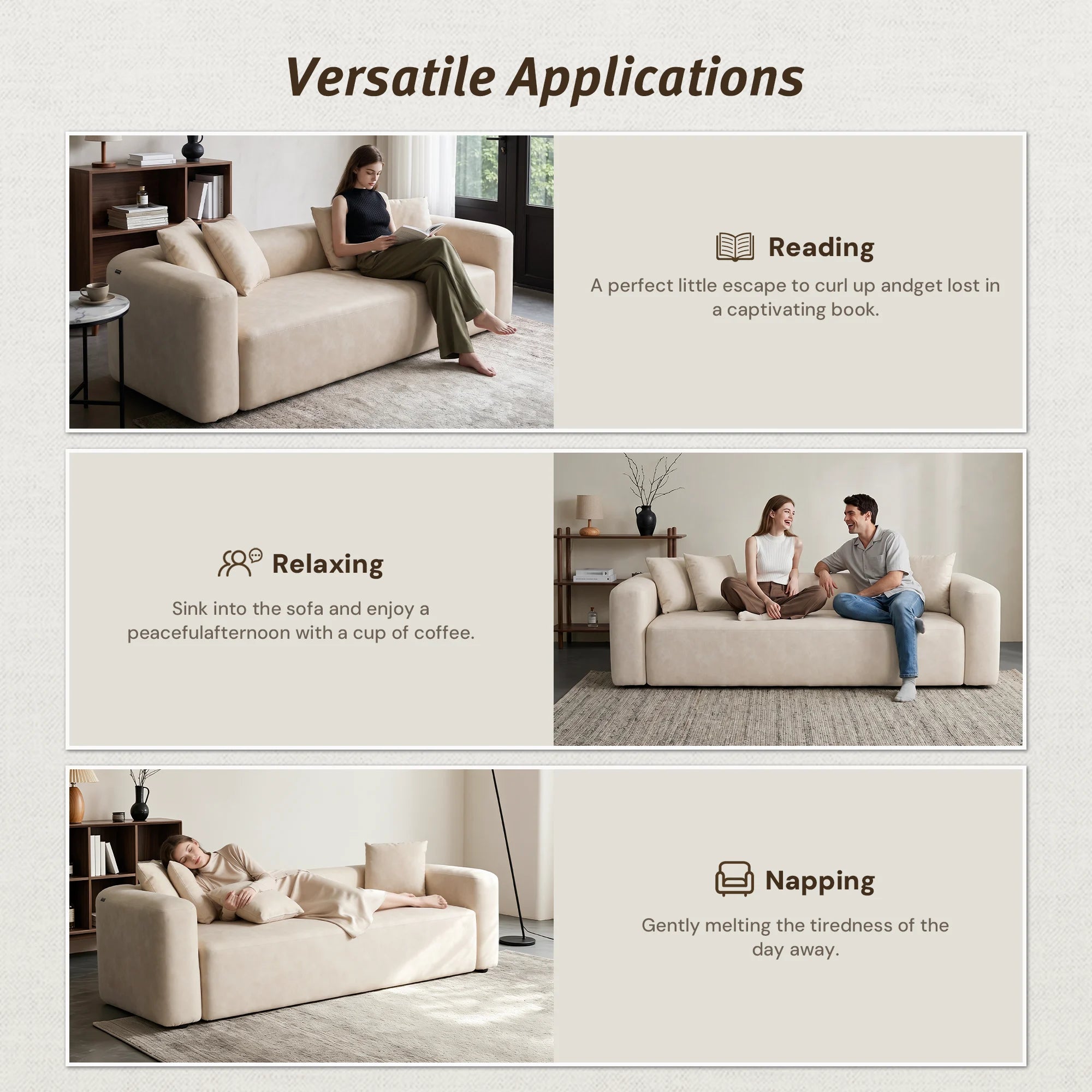 Cream minimal one-piece sofa with rounded arms, cushions, and two back pillows