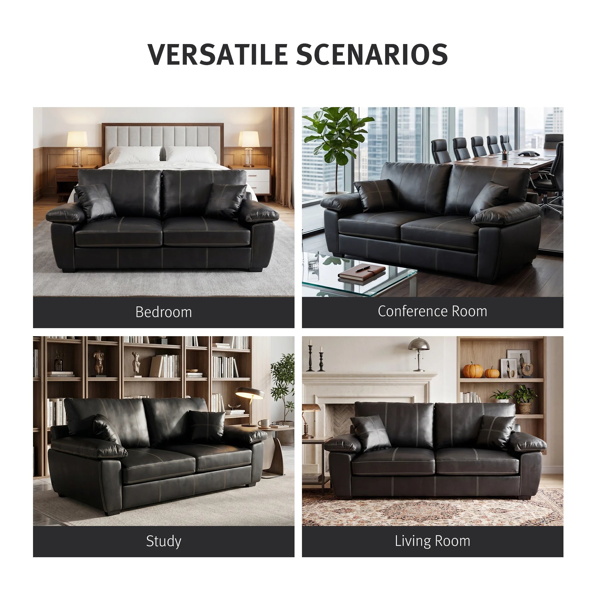 Black leather-look loveseat with padded arms and box cushions, tufted back detail