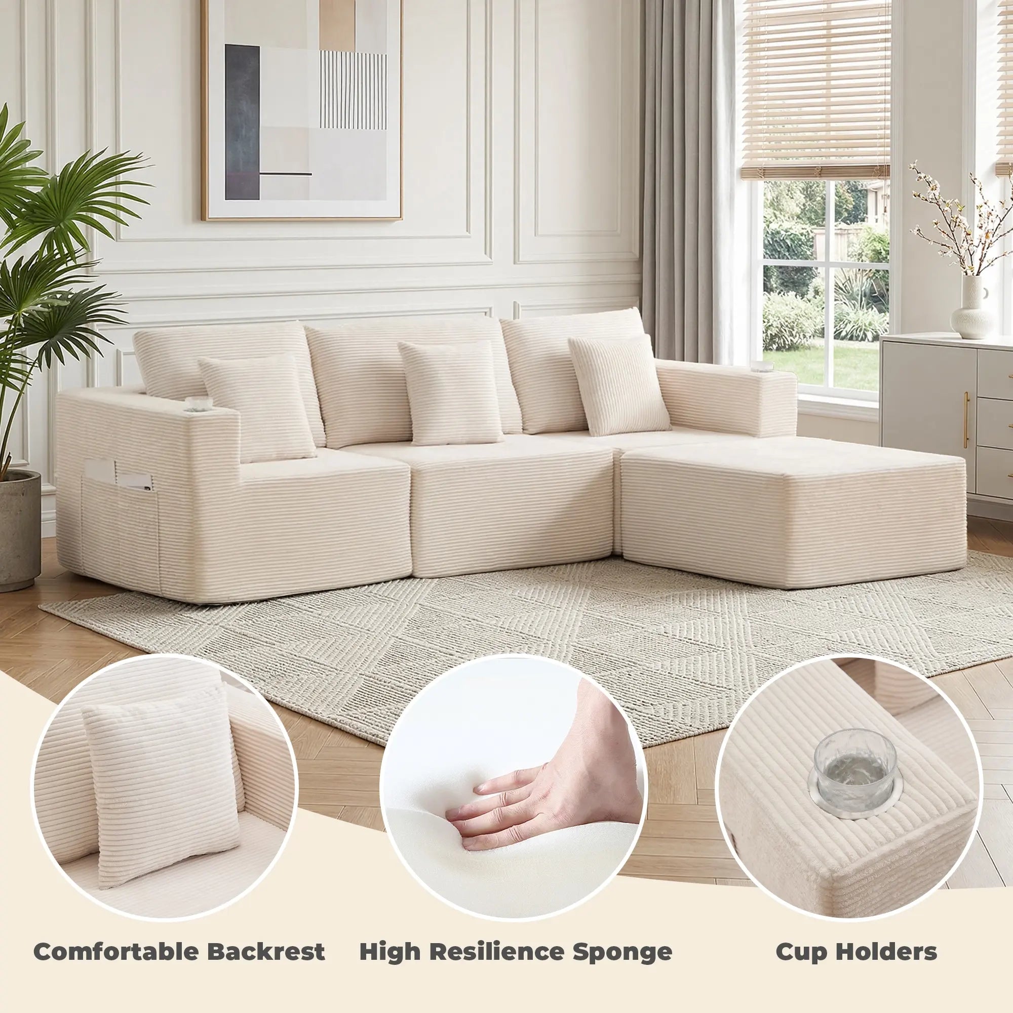 Cream modular sectional sofa with back cushions and wide seat sections