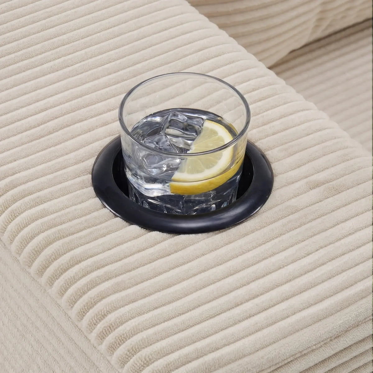 Cream ribbed plush blanket pillow cover, close-up top with lemon and drink