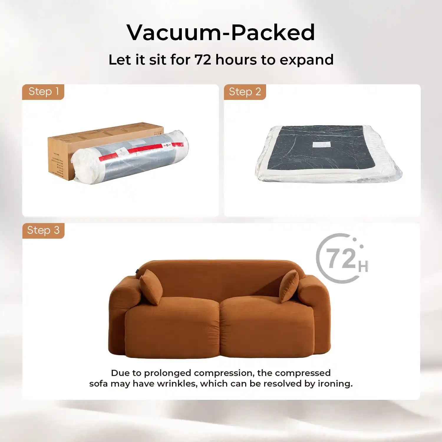 Burnt orange corduroy loveseat sofa shown as vacuum-packed for shipping