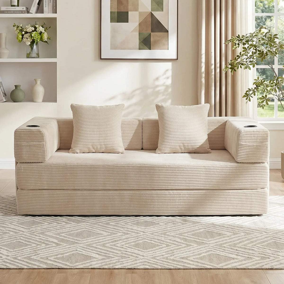 Cream modular sofa with two arm storage bins and three back cushions