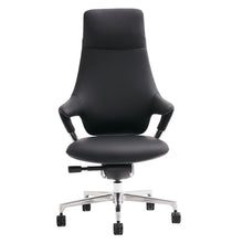 Black leather office chair with rounded seat and backrest, chrome swivel base, caster wheels
