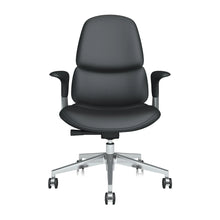Mid-back leather office chair in dark black, centered front view with swivel base