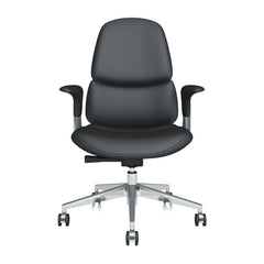 Mid-back leather office chair in dark black, centered front view with swivel base