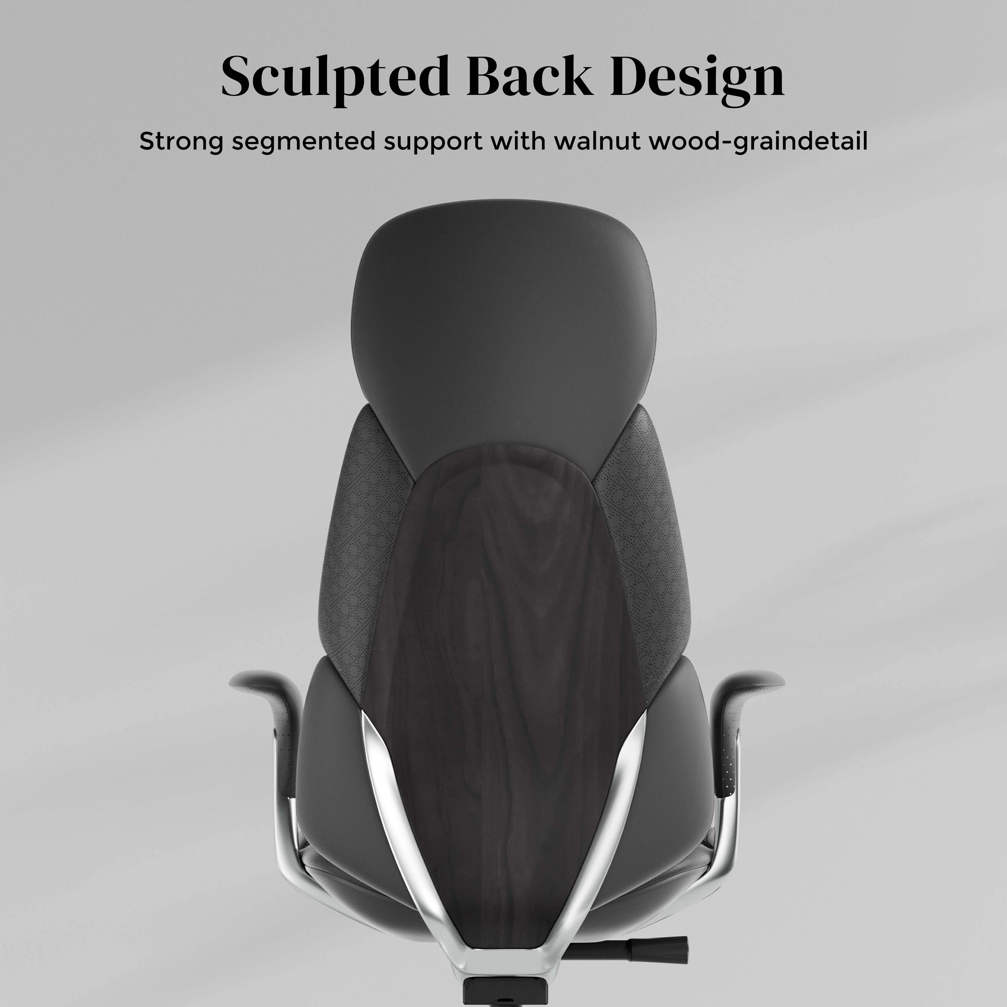 Black leather office chair with sculpted back design and wood-grain accent on backrest