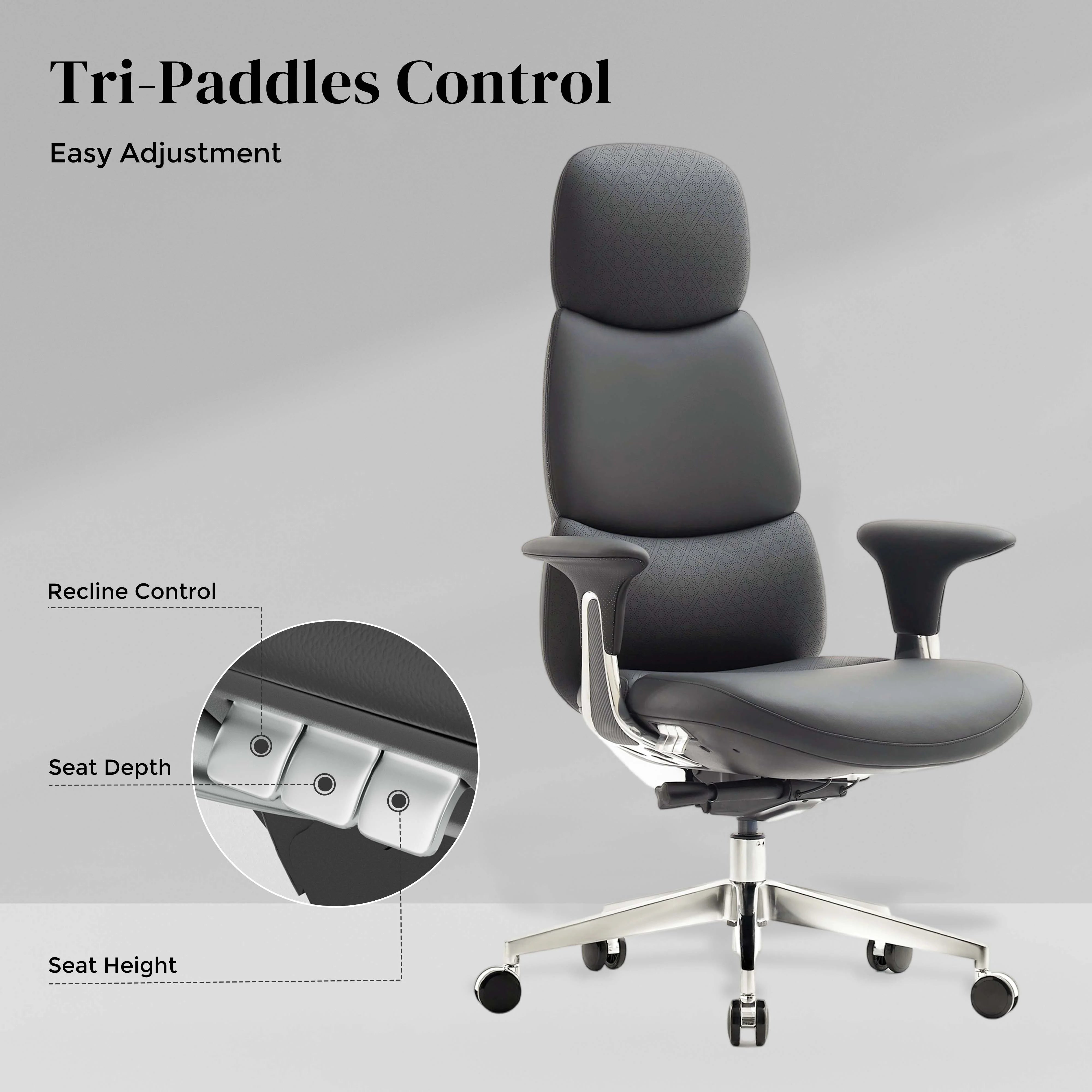Dark gray leather office chair with padded headrest and armrests, adjustable base