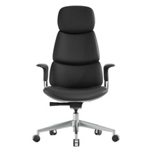 Black leather office chair, front view with padded back and seat, armrests, swivel base.