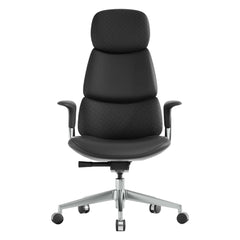 Black leather office chair, front view with padded back and seat, armrests, swivel base.