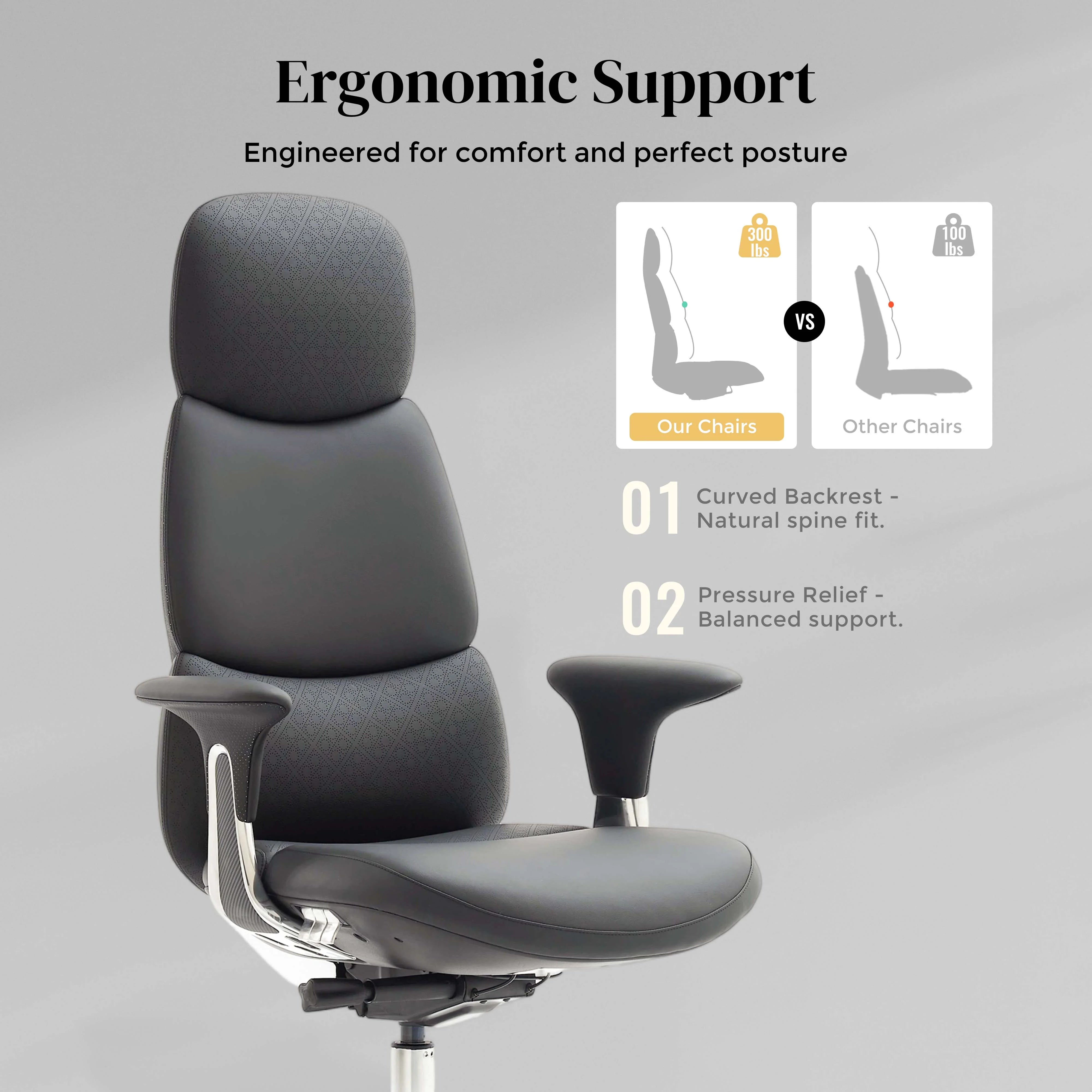 Dark gray leather office chair with curved backrest and ergonomic seat, tilt controls visible