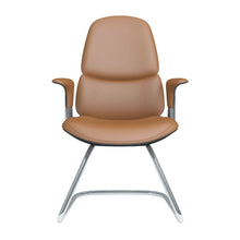 Leather cantilever chair with adjustable back, burnt orange seat, wood side arms, sled base