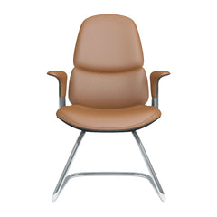 Leather cantilever chair with adjustable back, burnt orange seat, wood side arms, sled base