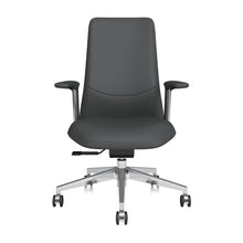 Black mid-back office chair with padded seat, curved back, and fixed armrests