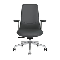 Black mid-back office chair with padded seat, curved back, and fixed armrests