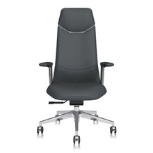 Dark gray leather office chair with padded arms, tall back, chrome base, rolling casters